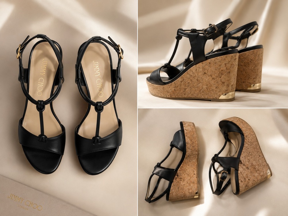 Jimmy Choo Black Leather Wedge Sandals - Size 37.5